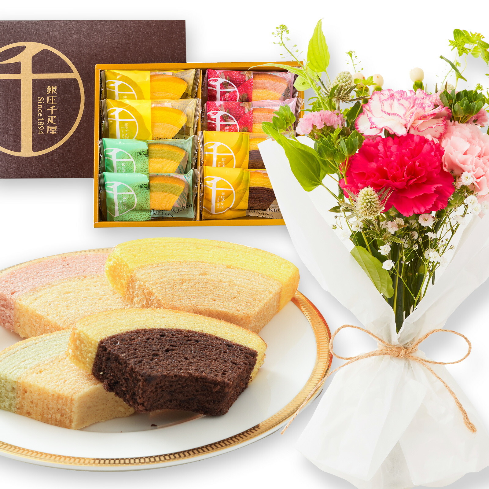 銀座千疋屋フルーツクーヘンとお花8本　Gift for youカード付き