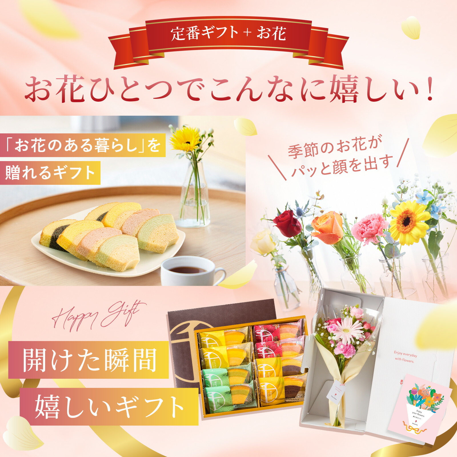 銀座千疋屋フルーツクーヘンとお花8本　Gift for youカード付き