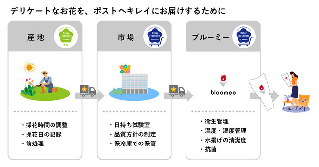 産地から市場、ブルーミーを経て花を届けるまでの品質管理の流れ