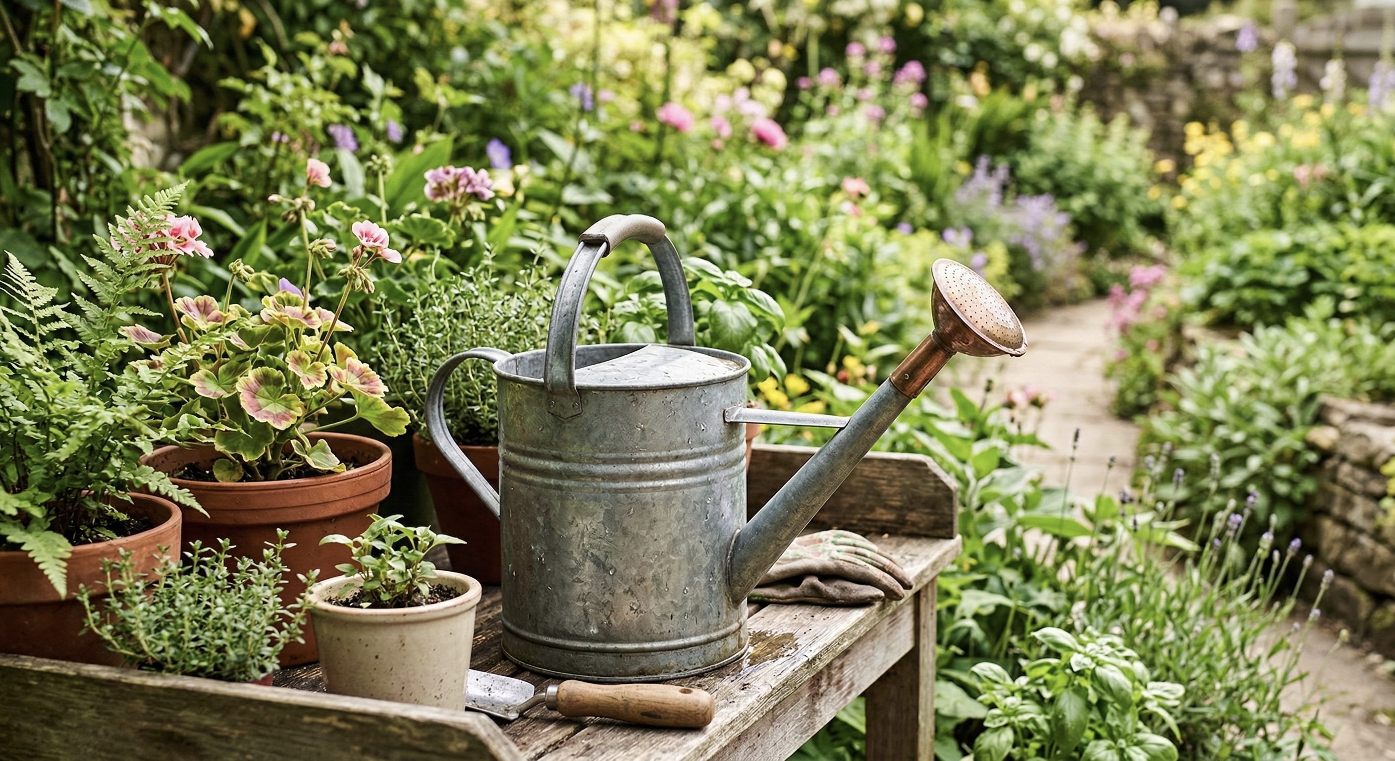 庭の木製作業台に置かれたメッキのジョウロ