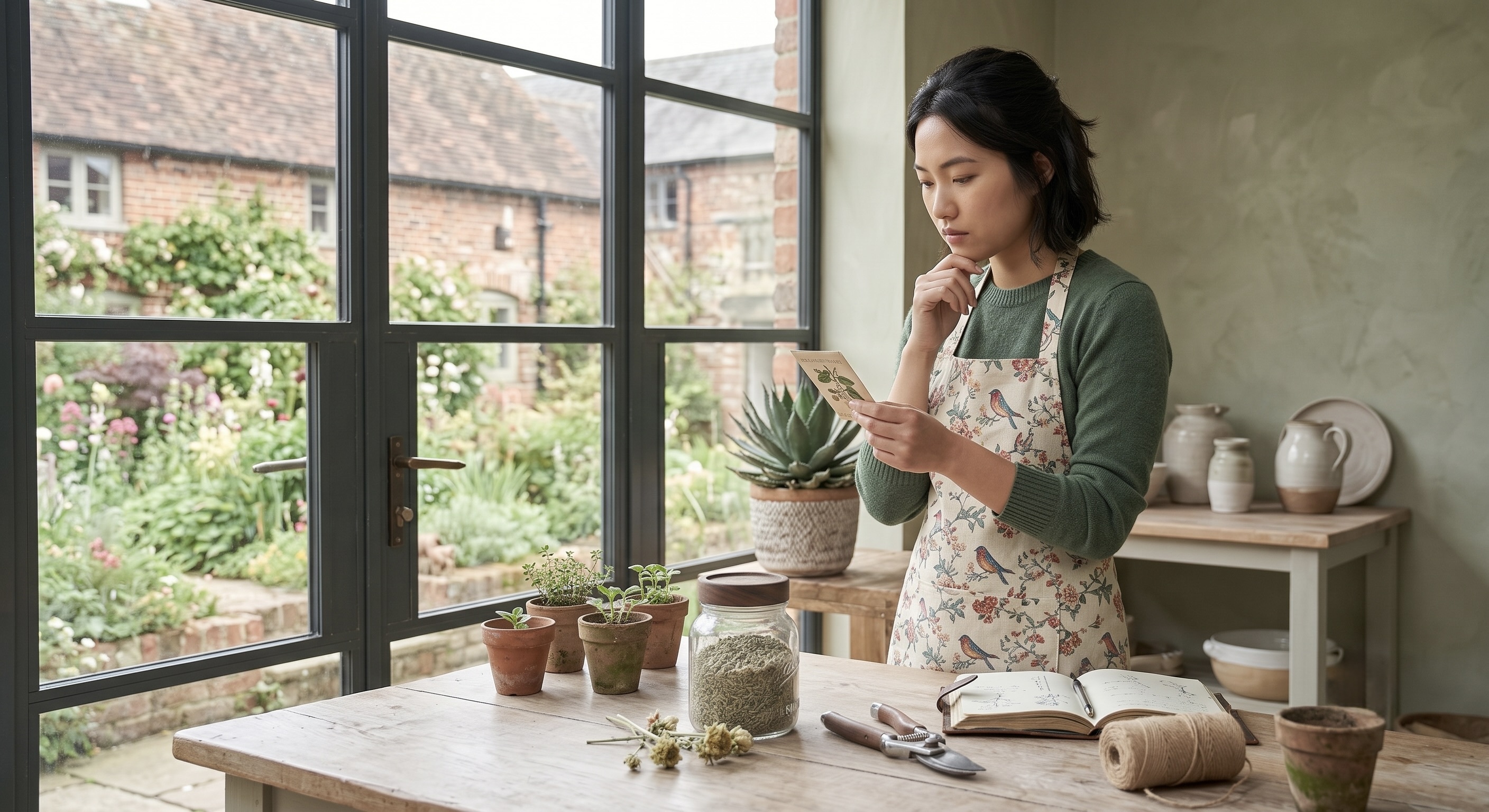 女性が植物のことで悩んでいる様子