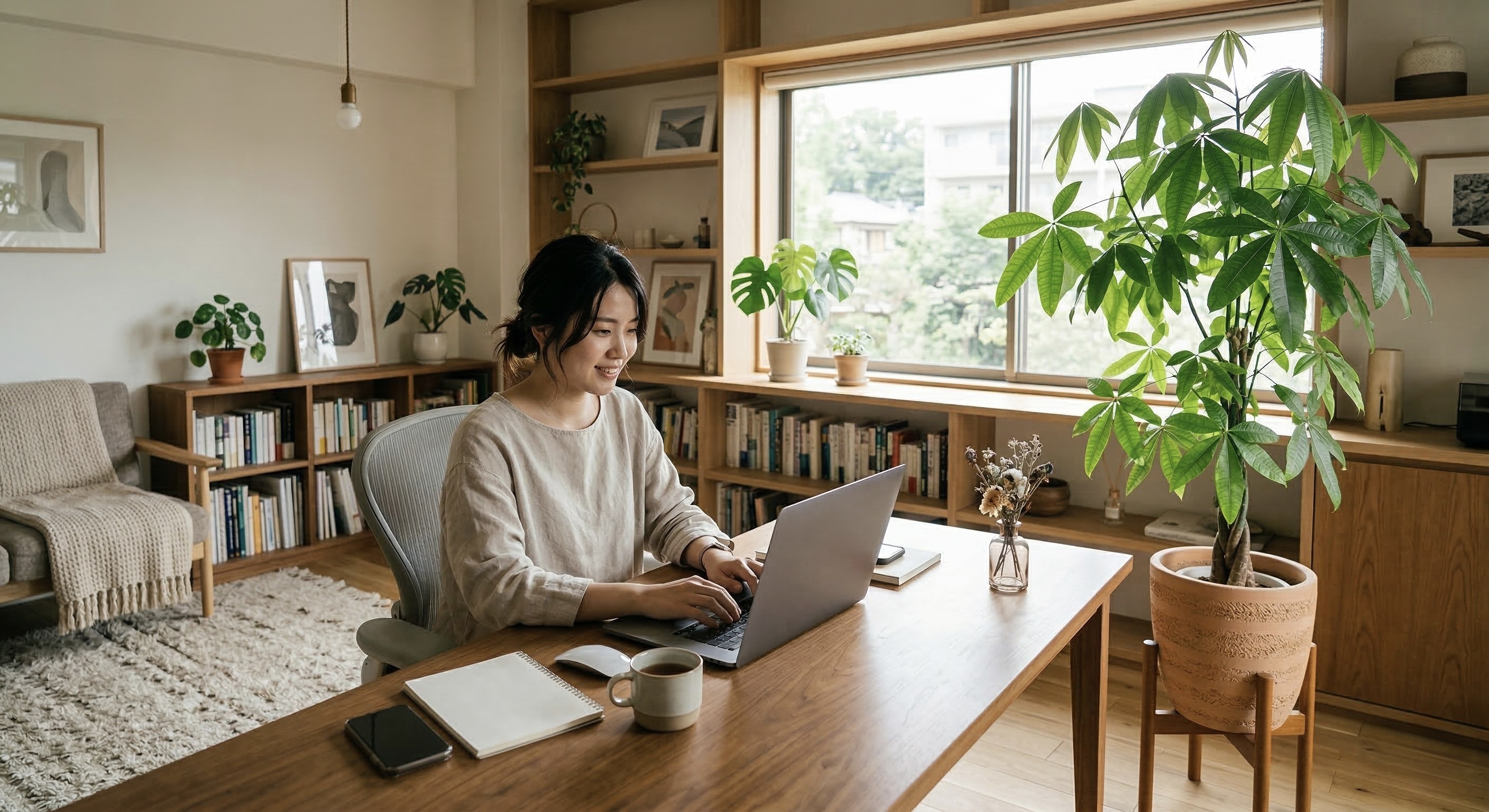 観葉植物に囲まれた空間でリモートワークをする女性