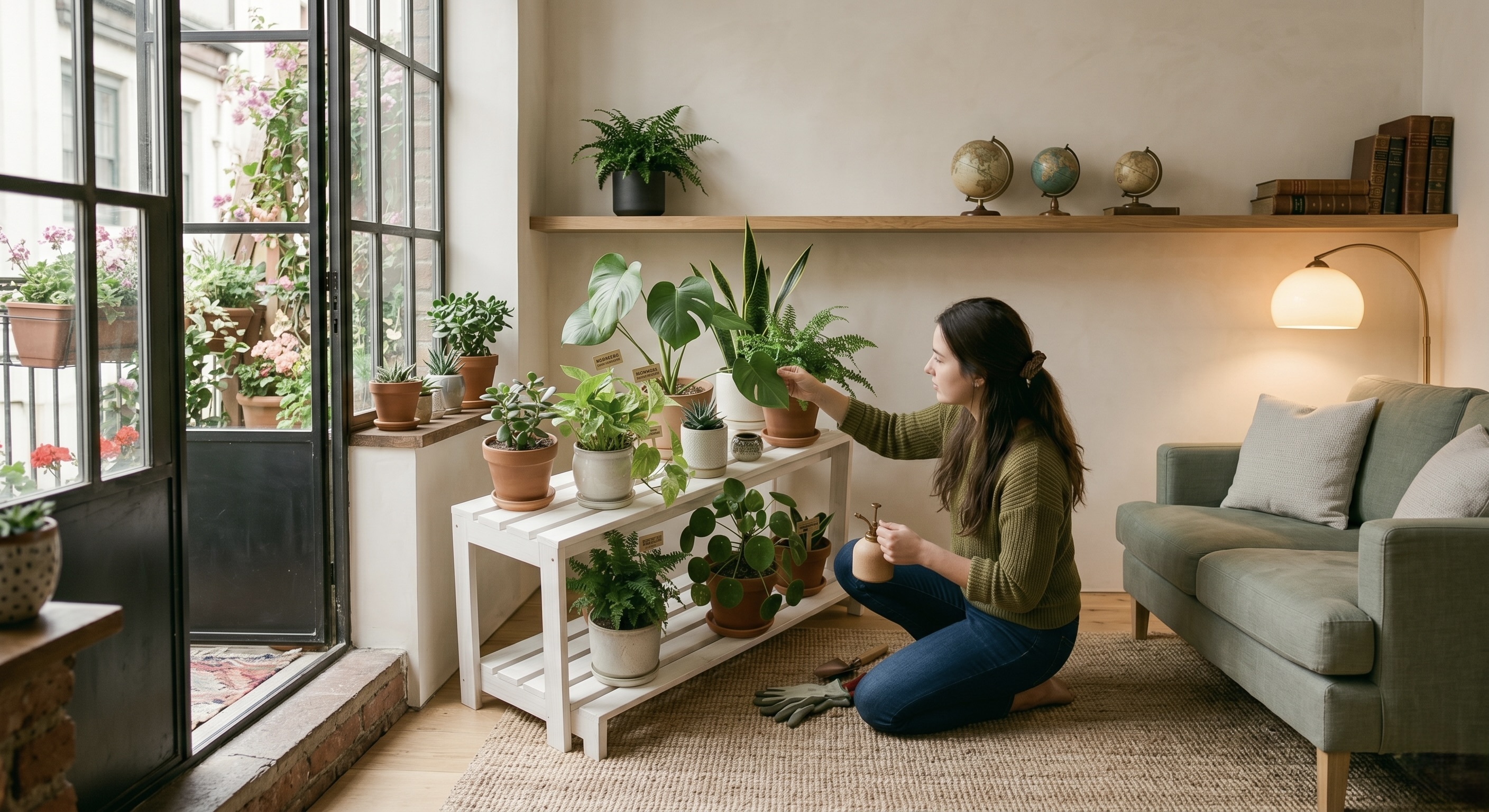 女性が部屋の中で観葉植物の世話をしている様子