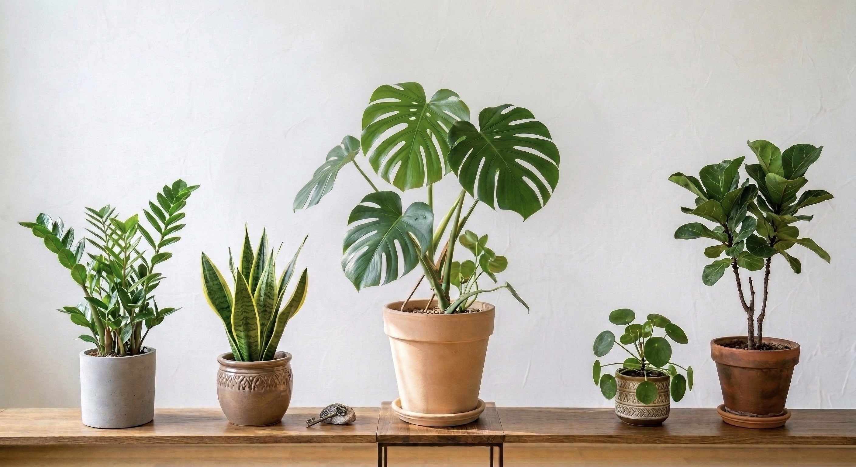 白い壁を背景に5つの観葉植物が木のテーブルに並んでいる様子