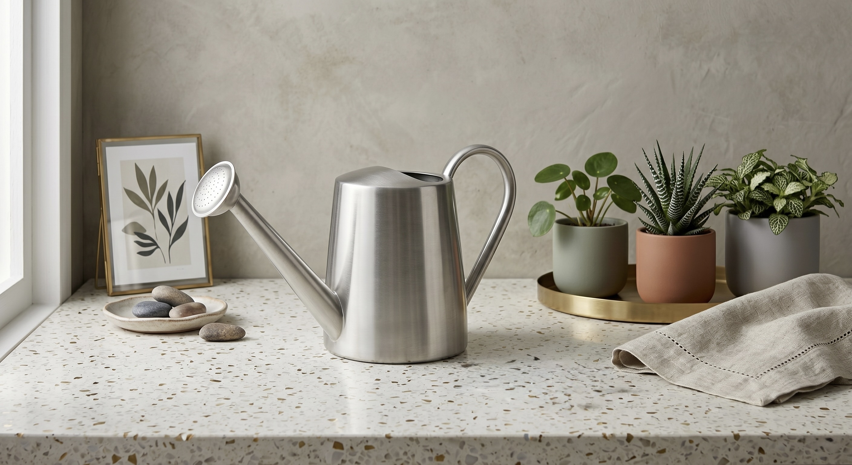 3つの植物と並ぶ金属製のジョウロ