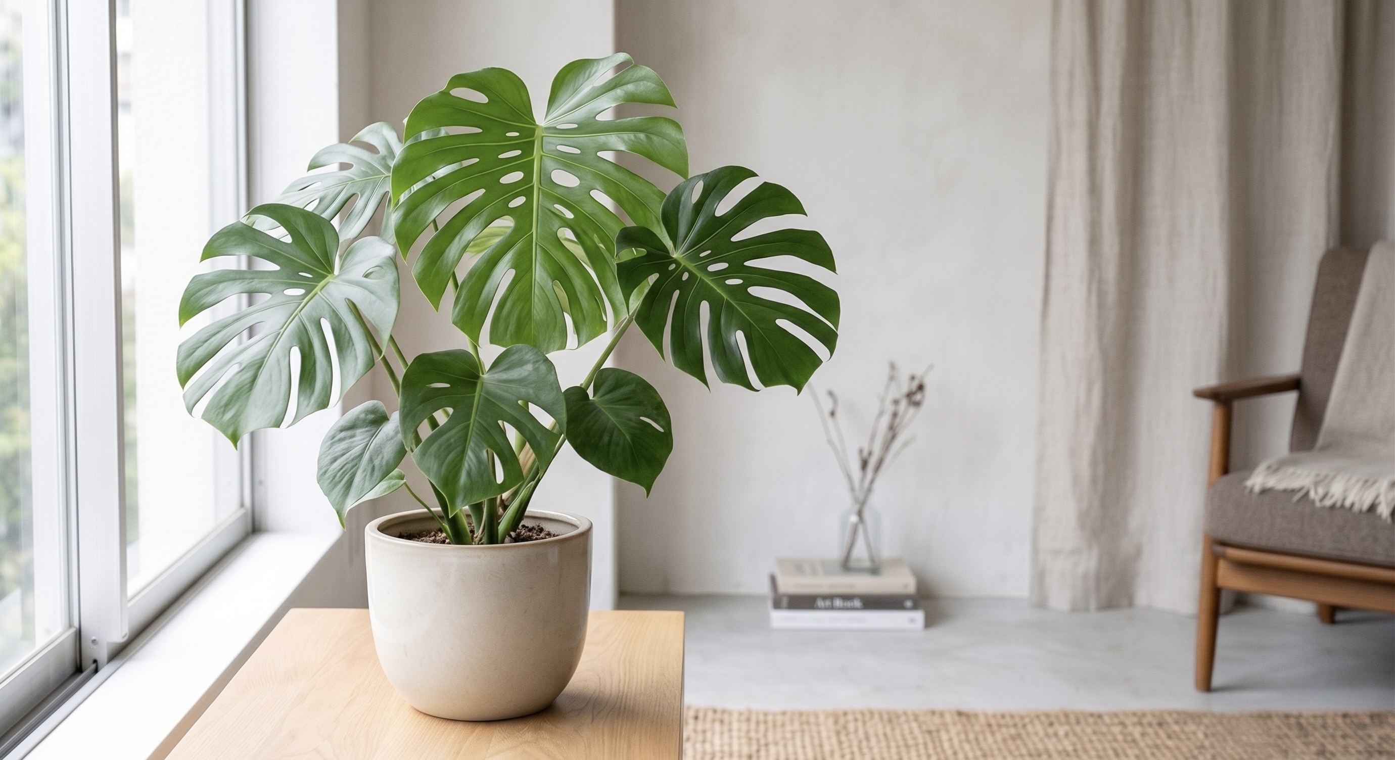 窓際に置かれた白い鉢に植えられているモンステラ