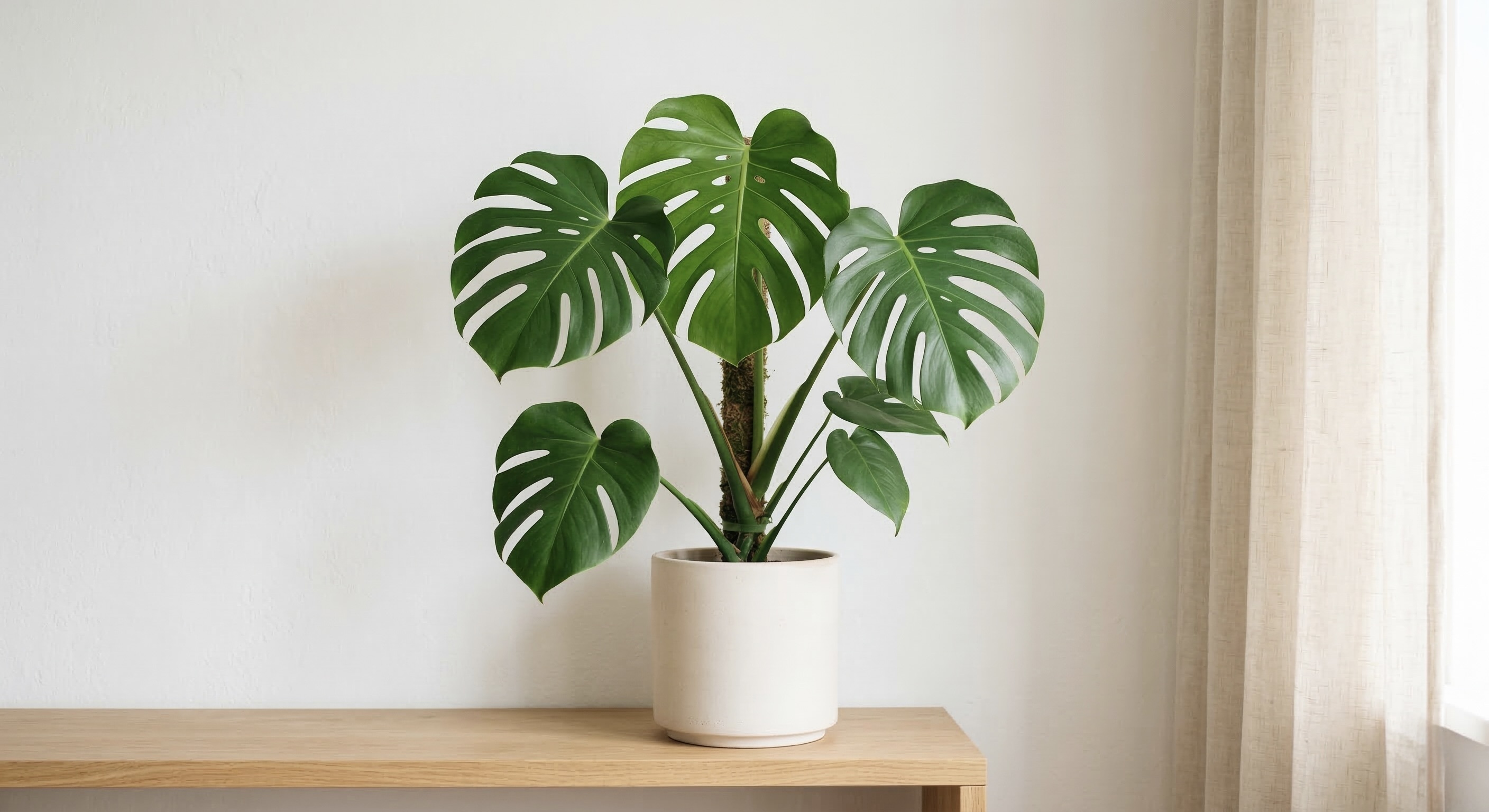 白い陶器の鉢に植えられたモンステラ