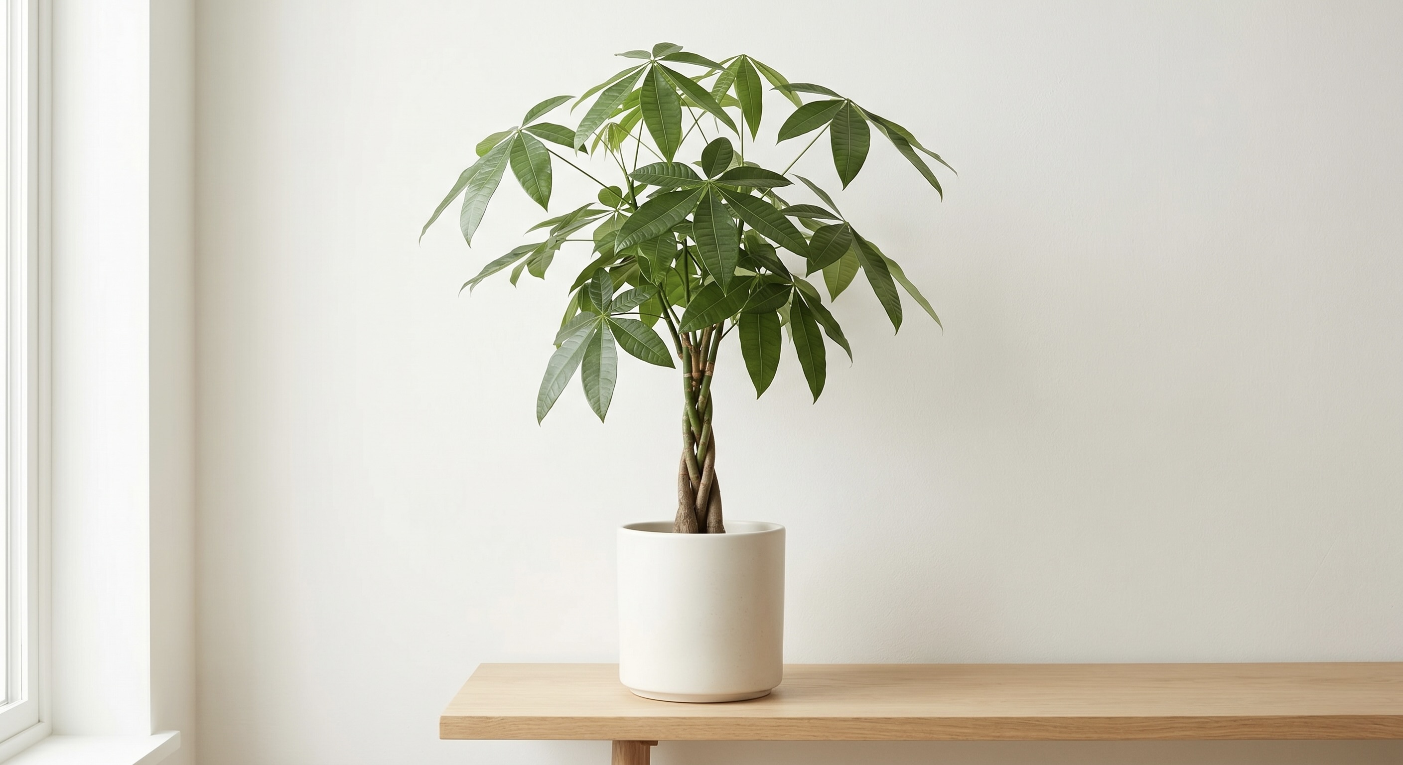 白い鉢に植えられているパキラ