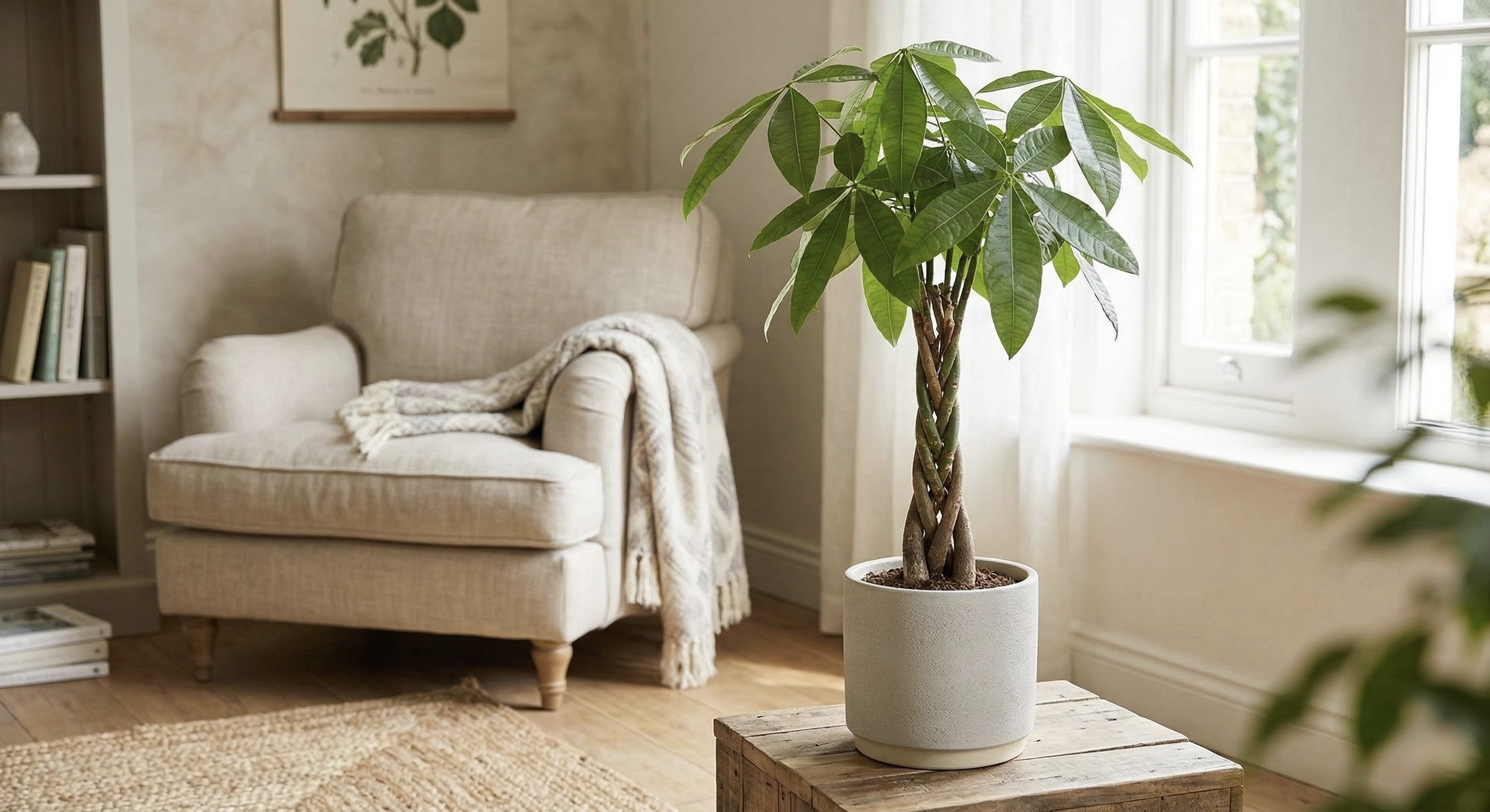 明るいリビングルームに編み込みの幹が特徴的なパキラが白い陶器の鉢に植えられている