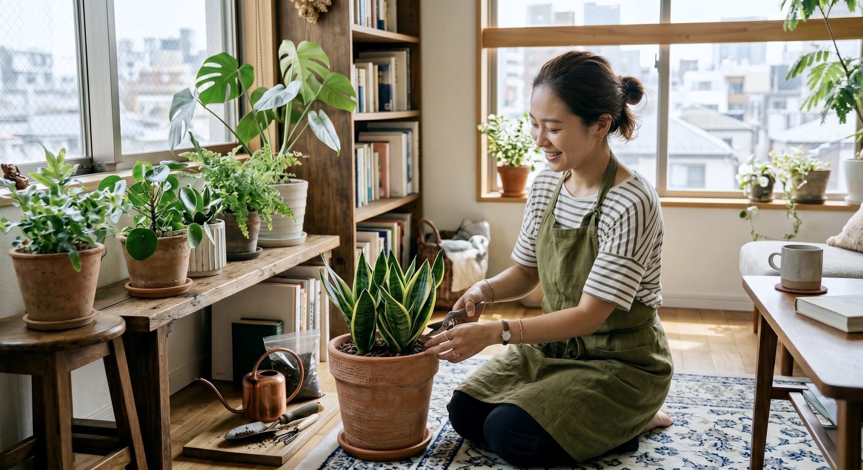 女性がサンスベリアを世話している様子