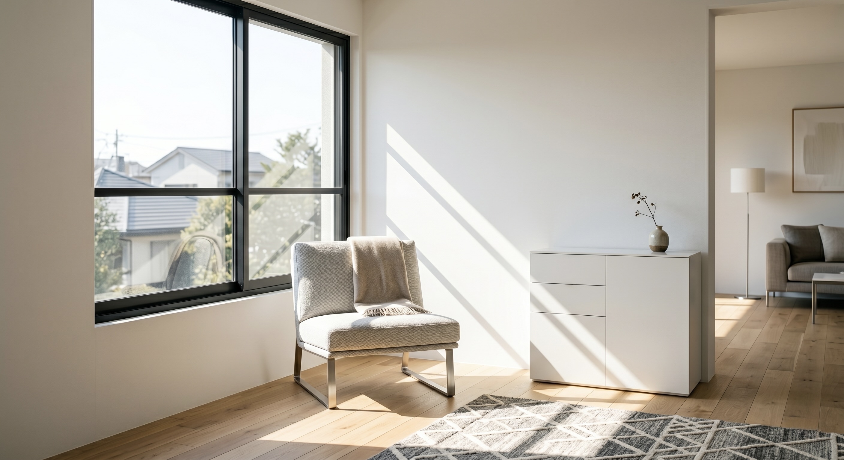 ホワイト調の部屋に太陽の光が差し込んでいる様子